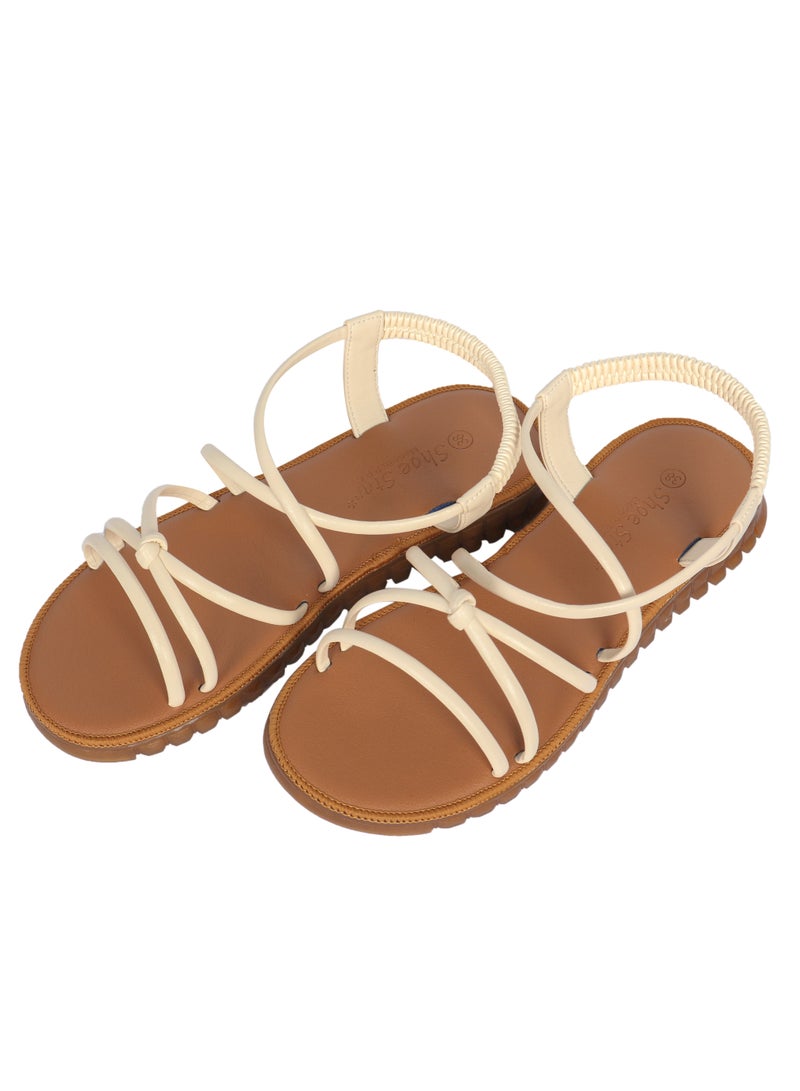 Ladies Flat Sandal Tan/White with straps Open Toe, Casual, Soft  - Image 1