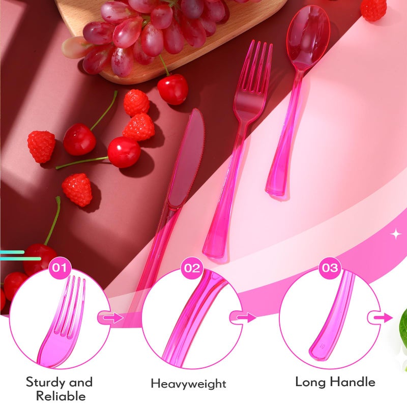 Minatee 150 Pieces Disposable Cutlery Set Plastic Silverware Heavy Duty Utensil Sets 50 Forks 50 Knives 50 Spoons for Home Office School Party Picnics Restaurant Outdoor Events(Hot Pink) - Image 2