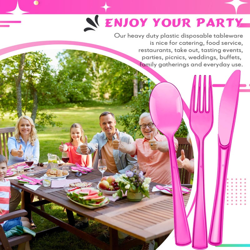 Minatee 150 Pieces Disposable Cutlery Set Plastic Silverware Heavy Duty Utensil Sets 50 Forks 50 Knives 50 Spoons for Home Office School Party Picnics Restaurant Outdoor Events(Hot Pink) - Image 3