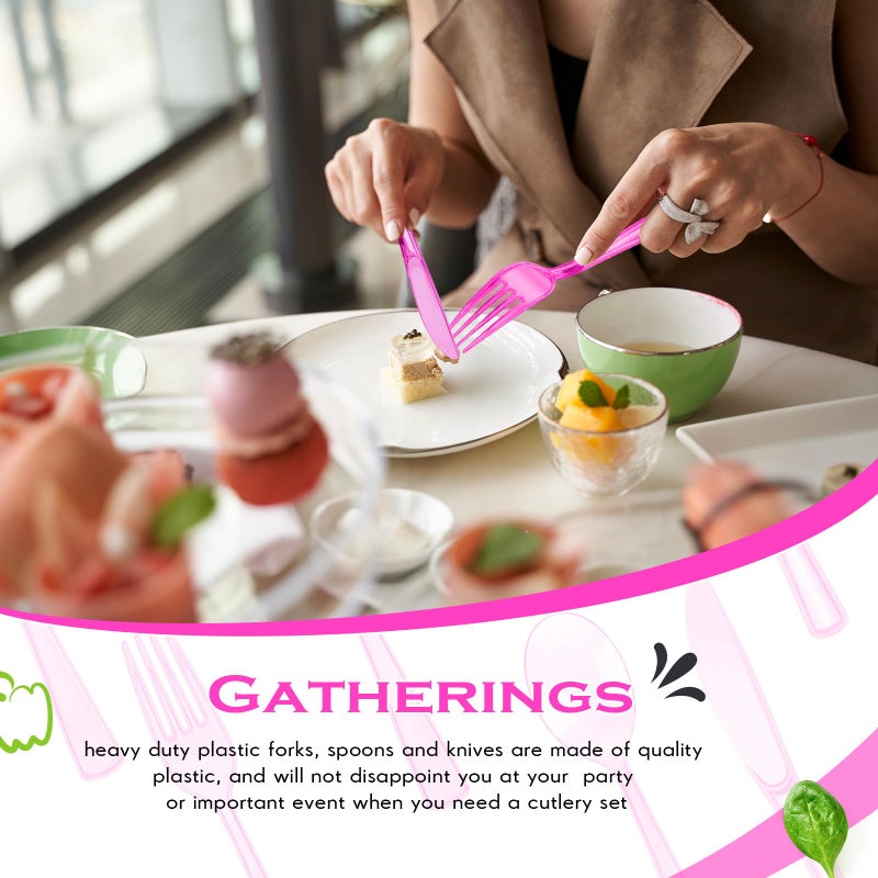 Minatee 150 Pieces Disposable Cutlery Set Plastic Silverware Heavy Duty Utensil Sets 50 Forks 50 Knives 50 Spoons for Home Office School Party Picnics Restaurant Outdoor Events(Hot Pink) - Image 4