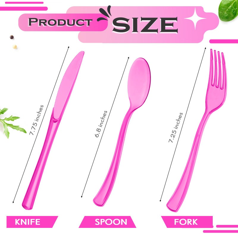 Minatee 150 Pieces Disposable Cutlery Set Plastic Silverware Heavy Duty Utensil Sets 50 Forks 50 Knives 50 Spoons for Home Office School Party Picnics Restaurant Outdoor Events(Hot Pink) - Image 1