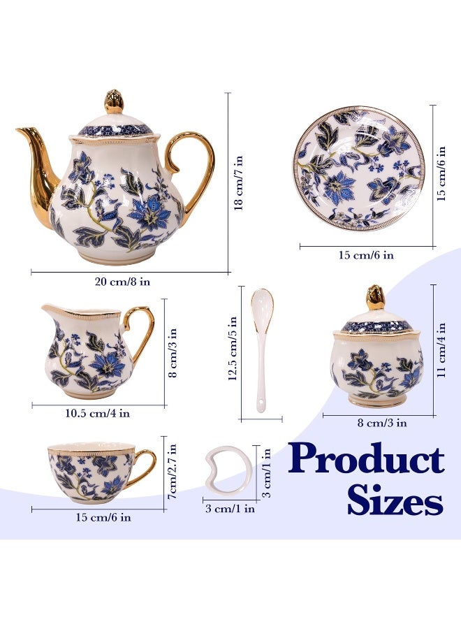 BS B&S 31-Piece Porcelain Tea Set | French Floral Vintage Tea Cup Saucer Set | Ceramic Tea Party Set with Tea Pot | Flower Painting Party Dinner Set | Home Décor Cup and Saucer Set (Blue) - Image 4
