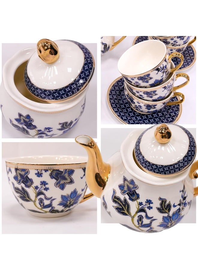 BS B&S 31-Piece Porcelain Tea Set | French Floral Vintage Tea Cup Saucer Set | Ceramic Tea Party Set with Tea Pot | Flower Painting Party Dinner Set | Home Décor Cup and Saucer Set (Blue) - Image 2
