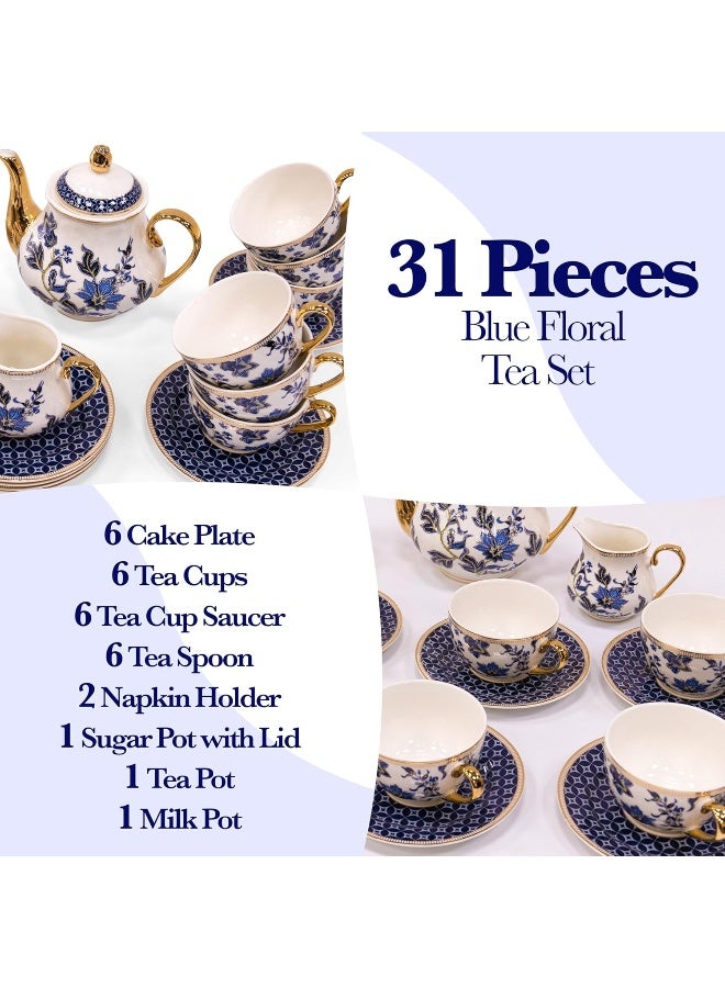 BS B&S 31-Piece Porcelain Tea Set | French Floral Vintage Tea Cup Saucer Set | Ceramic Tea Party Set with Tea Pot | Flower Painting Party Dinner Set | Home Décor Cup and Saucer Set (Blue) - Image 3