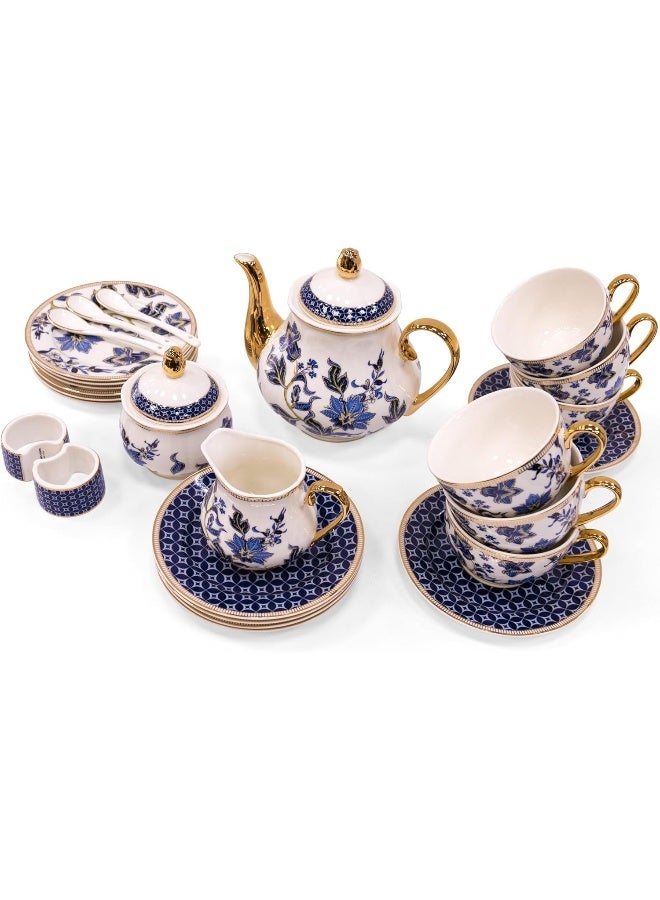 BS B&S 31-Piece Porcelain Tea Set | French Floral Vintage Tea Cup Saucer Set | Ceramic Tea Party Set with Tea Pot | Flower Painting Party Dinner Set | Home Décor Cup and Saucer Set (Blue) - Image 1