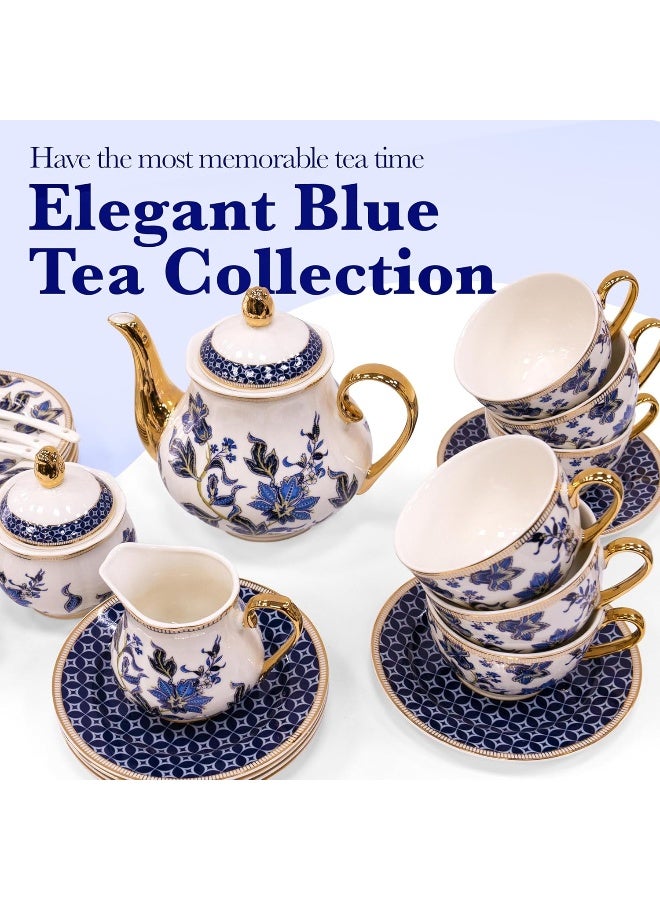 BS B&S 31-Piece Porcelain Tea Set | French Floral Vintage Tea Cup Saucer Set | Ceramic Tea Party Set with Tea Pot | Flower Painting Party Dinner Set | Home Décor Cup and Saucer Set (Blue) - Image 5