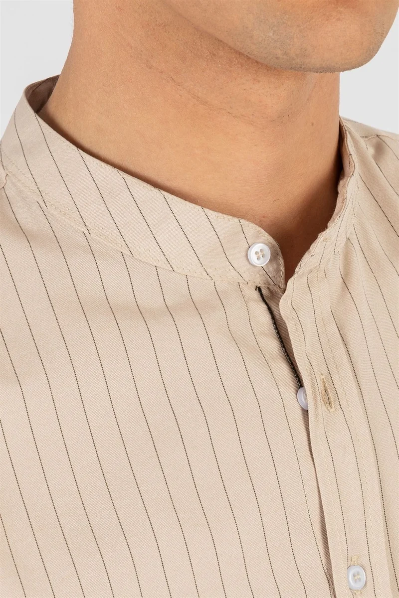 تودورس Slim Fit Long Sleeve Mandarin Collar Cotton Easy Iron Striped Men's Stone Shirt