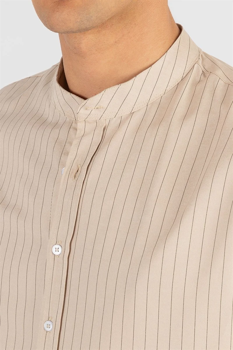 تودورس Slim Fit Long Sleeve Mandarin Collar Cotton Easy Iron Striped Men's Stone Shirt