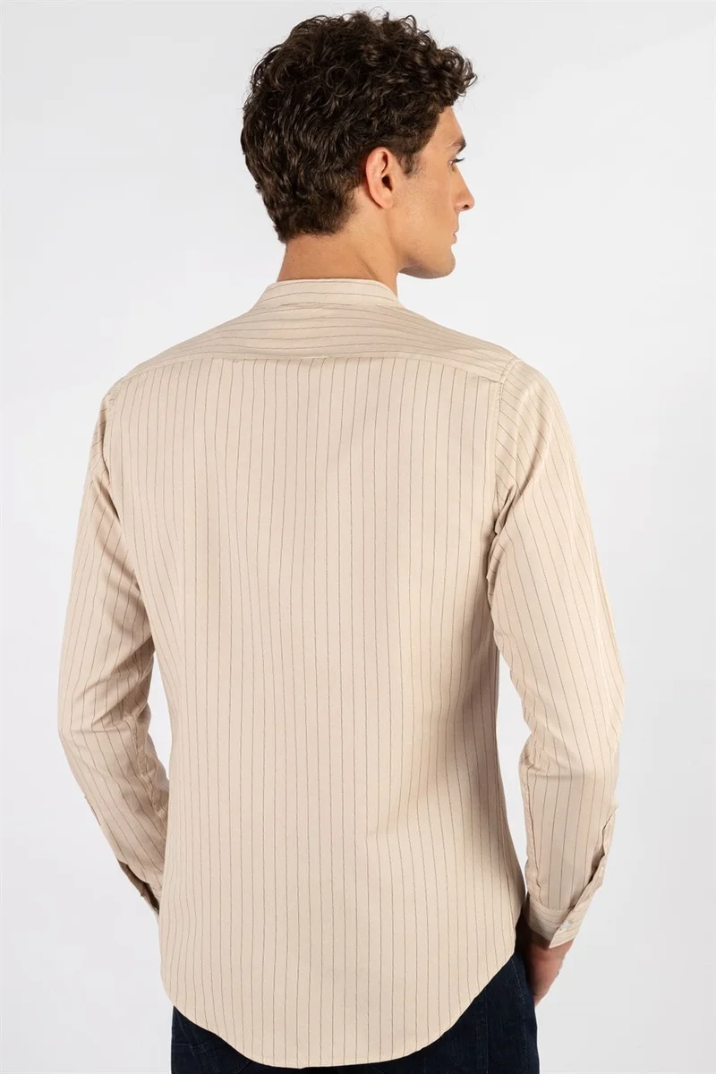 تودورس Slim Fit Long Sleeve Mandarin Collar Cotton Easy Iron Striped Men's Stone Shirt