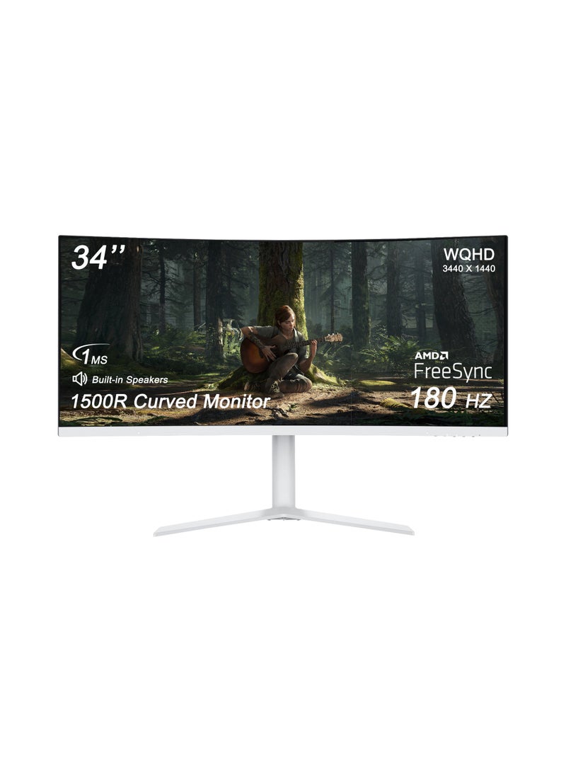 34-Inch Ultra-Wide Curved Gaming Monitor, 3440 x 1440 WQHD, 180Hz, 1ms, VA Panel with LED Backlight, Built-in Speakers, 1500R Curvature, 2 x HDMI 2.0  2 x DisplayPort 1.4, White - Image 1