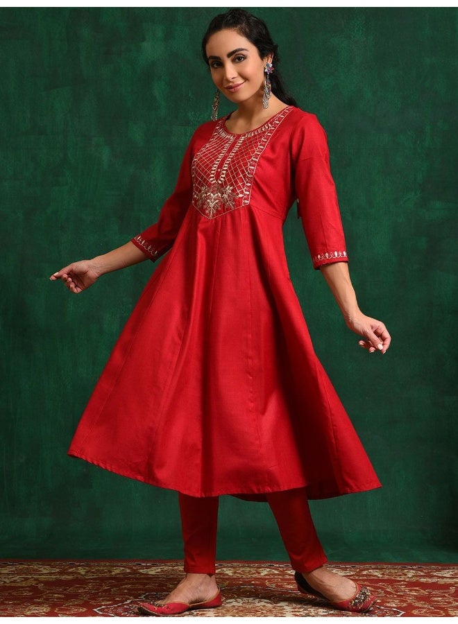 AKS Red Embroidered Anarkali Kurta - Image 4