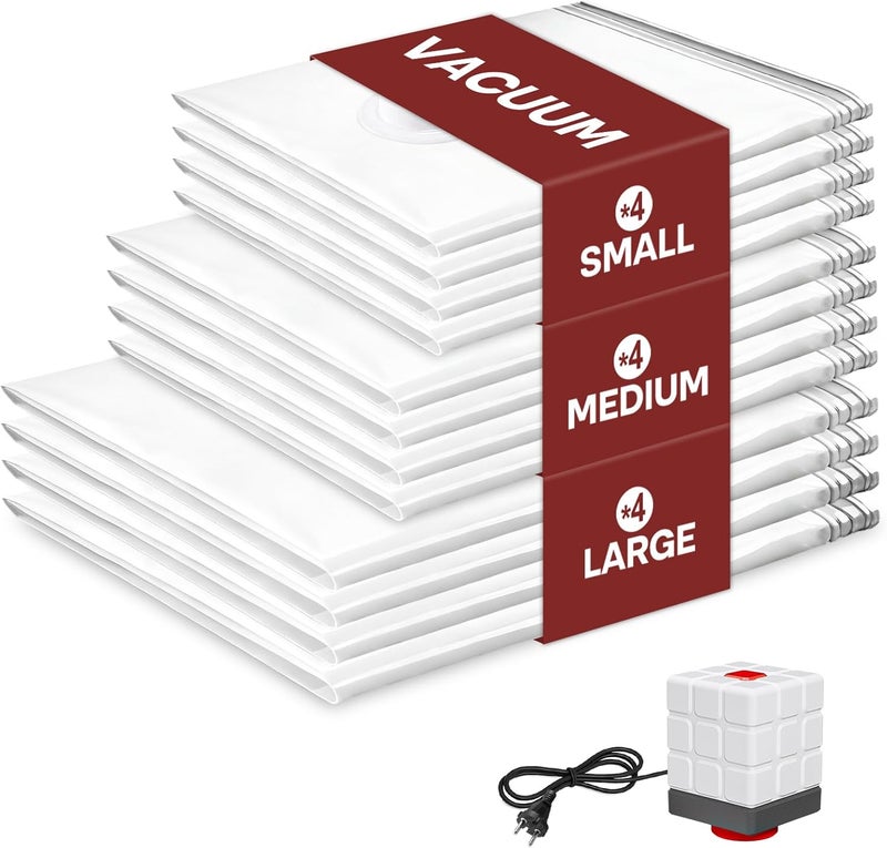 Vacbird Vacuum Bags for Clothes with Electric Air Pump, Pack of 12 (4Small/4Medium/4Large), Reusable Vacuum Bags for Duvets, Mattresses, Blankets, Pillows, Bedding, Moving - Image 1