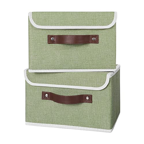 ANMINY 4PCS Storage Bins with Lid PU Leather Handles Storage Boxes PP Plastic Board Decorative Foldable Lidded Cotton Linen Fabric Home Cubes Baskets Closet Organizer Containers - Green, Small Size - Image 5