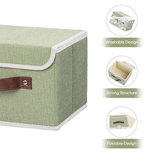 ANMINY 4PCS Storage Bins with Lid PU Leather Handles Storage Boxes PP Plastic Board Decorative Foldable Lidded Cotton Linen Fabric Home Cubes Baskets Closet Organizer Containers - Green, Small Size - Image 4
