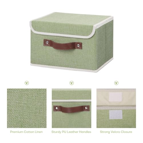 ANMINY 4PCS Storage Bins with Lid PU Leather Handles Storage Boxes PP Plastic Board Decorative Foldable Lidded Cotton Linen Fabric Home Cubes Baskets Closet Organizer Containers - Green, Small Size - Image 3