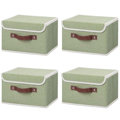 ANMINY 4PCS Storage Bins with Lid PU Leather Handles Storage Boxes PP Plastic Board Decorative Foldable Lidded Cotton Linen Fabric Home Cubes Baskets Closet Organizer Containers - Green, Small Size - Image 1