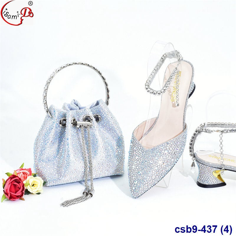 High-Heeled Colored Diamond Low-Top Pointed Wedding Shoes With Pocket Suit Shoes And Bag Set - Image 5