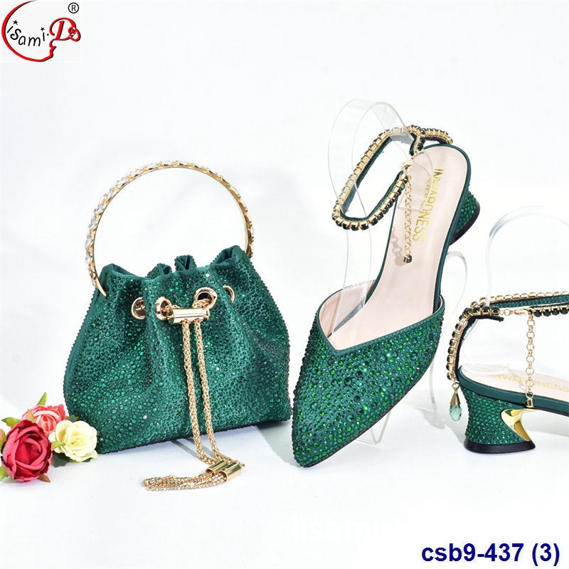 High-Heeled Colored Diamond Low-Top Pointed Wedding Shoes With Pocket Suit Shoes And Bag Set - Image 4