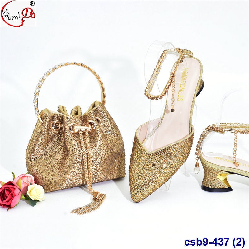 High-Heeled Colored Diamond Low-Top Pointed Wedding Shoes With Pocket Suit Shoes And Bag Set - Image 3