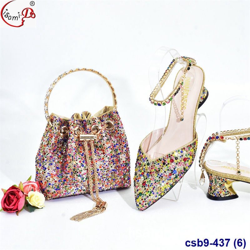High-Heeled Colored Diamond Low-Top Pointed Wedding Shoes With Pocket Suit Shoes And Bag Set - Image 2