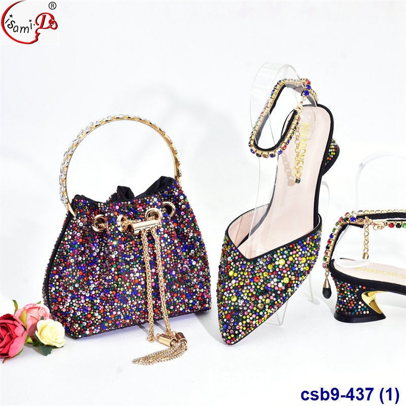High-Heeled Colored Diamond Low-Top Pointed Wedding Shoes With Pocket Suit Shoes And Bag Set - Image 1