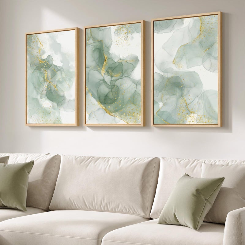 Cuspin Large Framed Sage Green Abstract Wall Art, 3 Piece Modern Canvas Prints Paintings Artwork for Walls, Minimalist Green and Gold Abstract Pictures for Living Room Bedroom Dining Room Wall Decor 20x30 In - Image 1