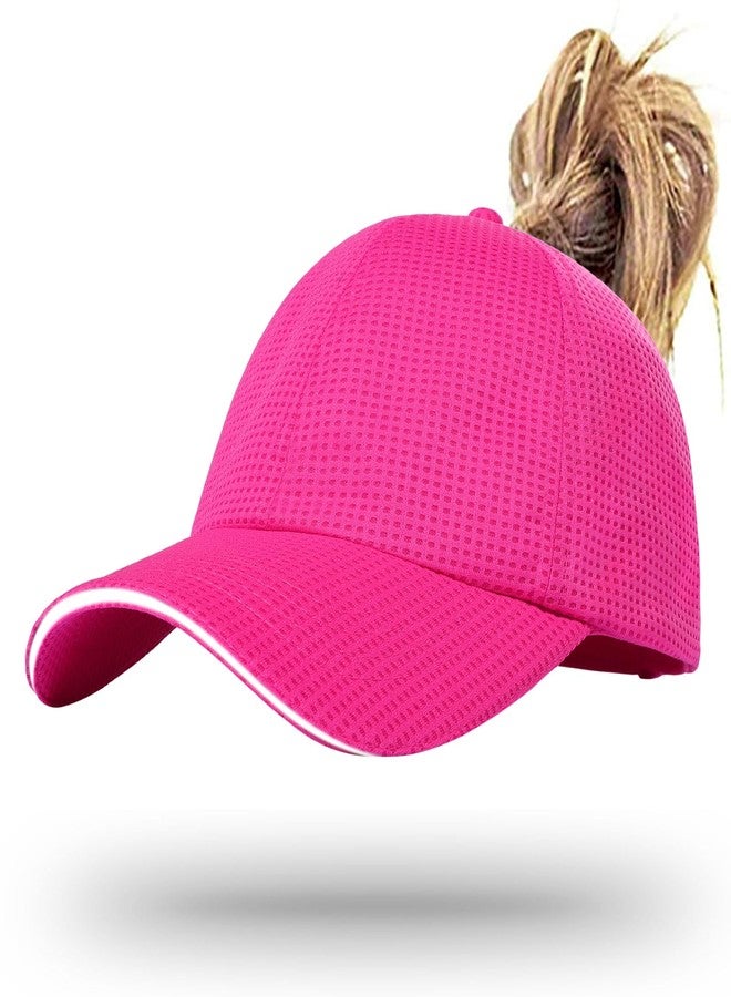 ZTL Womens High Ponytail Baseball Cap Performance Mesh Hat, Lightweight & Quick Drying Race Day Running Hat with Reflective Trim Hot Pink - Image 1