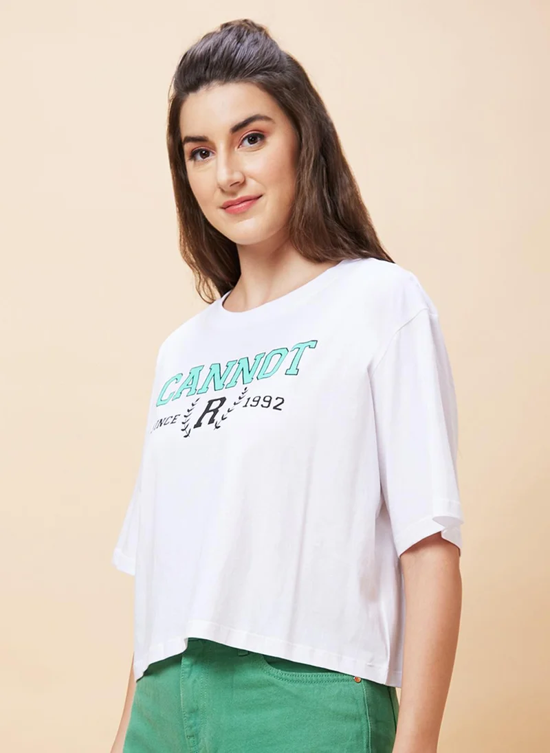 globus Globus Women Typography Printed Crop Oversized T-Shirt