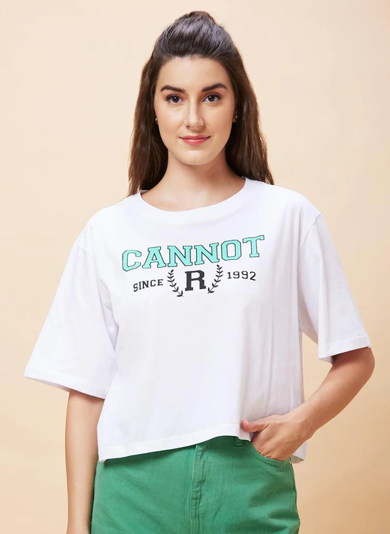 globus Globus Women Typography Printed Crop Oversized T-Shirt