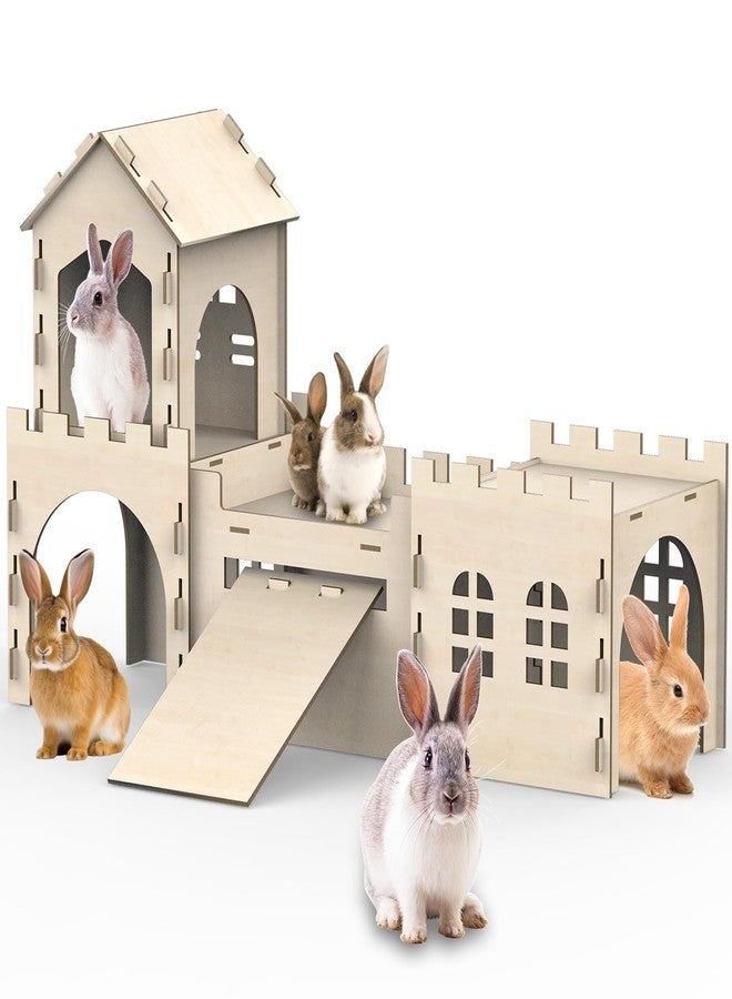 TankMatDecor Large Bunny House and Hideouts, Wooden Dual-Layer Rabbit Castle with Stair, Rubber Band-Free Setup - Chew-Proof, Sturdy Habitat for Guinea Pig Chinchilla Ferret (Rabbit House) - Image 1