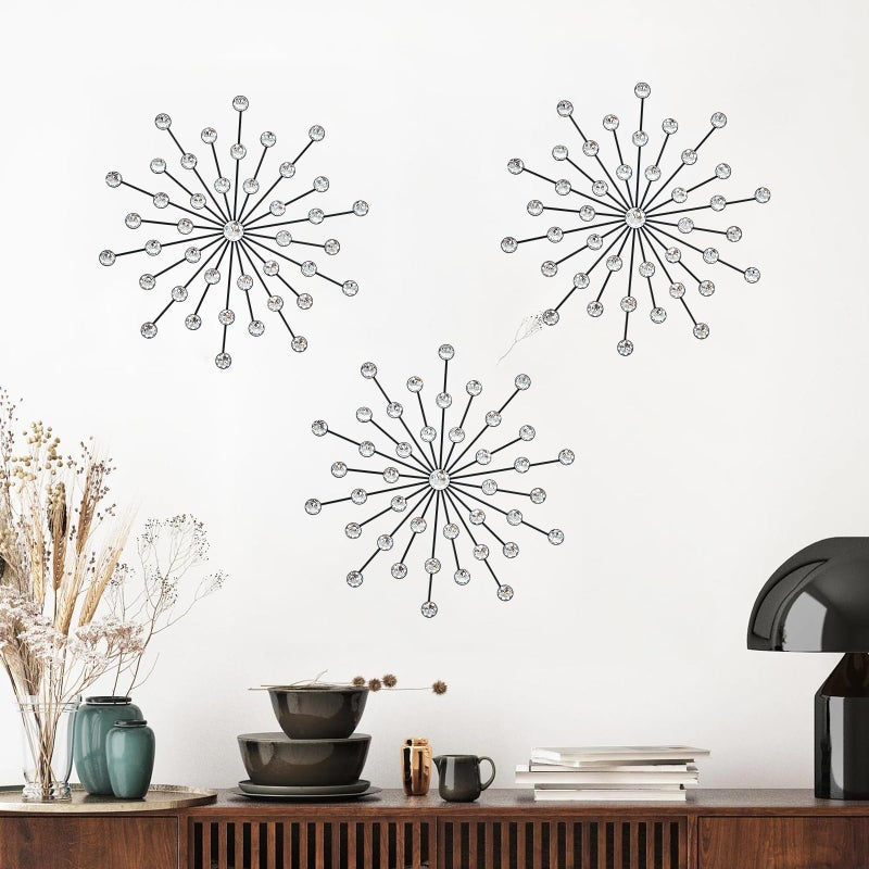 ZEXUIRU 3 Pack Black Sunburst Wall Decor â€“ Metal Crystal Wall Art with Sparkling Rhinestones, 14â€™â€™/18 Inch Starburst Wall Hanging Set for Living Room Bedroom Bathroom â€“ Modern Bling Home Decorations - Image 1