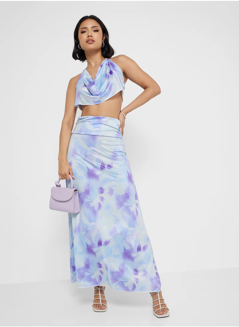 Ginger Backless Cowl Neck Blurred Floral Top & Maxi Skirt Set