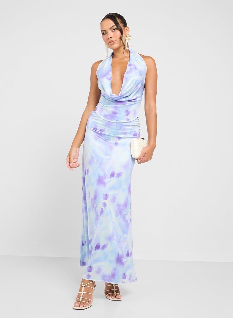 Ginger Backless Cowl Neck Blurred Floral Top & Maxi Skirt Set - Image 1