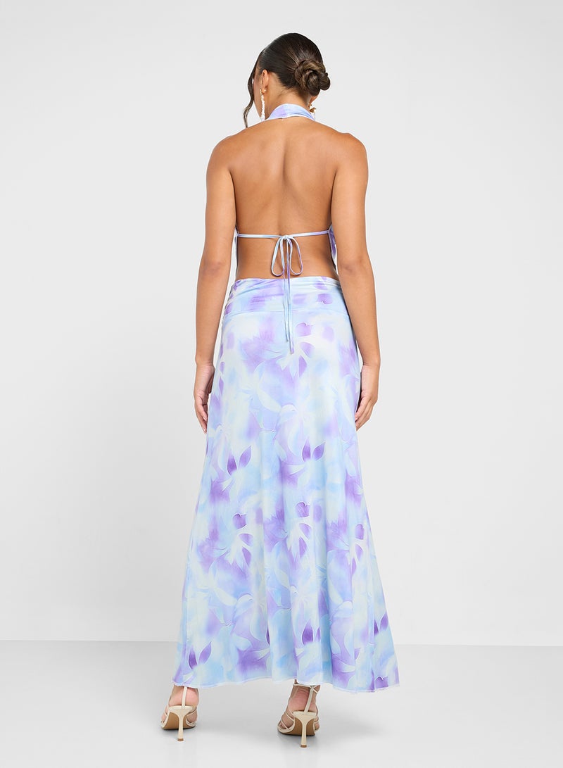Ginger Backless Cowl Neck Blurred Floral Top & Maxi Skirt Set - Image 2