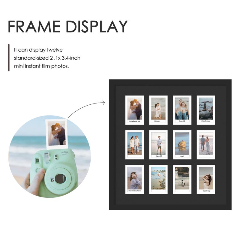 DUENPY 12.2x13.1 Polaroid collage frame for Polaroid 2x3 Mini Instant Prints Photo with 12 Openings, Mini Picture Frames Wall Display with Polished Plexiglas Balck - Image 3