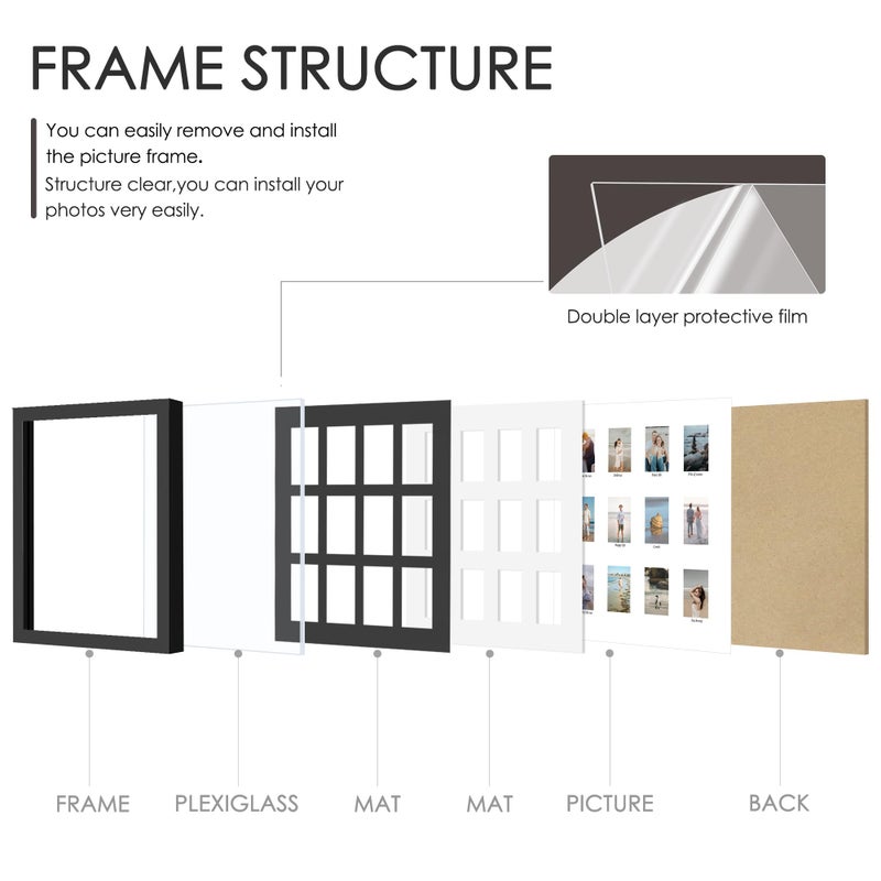DUENPY 12.2x13.1 Polaroid collage frame for Polaroid 2x3 Mini Instant Prints Photo with 12 Openings, Mini Picture Frames Wall Display with Polished Plexiglas Balck - Image 5