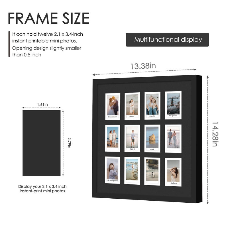 DUENPY 12.2x13.1 Polaroid collage frame for Polaroid 2x3 Mini Instant Prints Photo with 12 Openings, Mini Picture Frames Wall Display with Polished Plexiglas Balck - Image 2