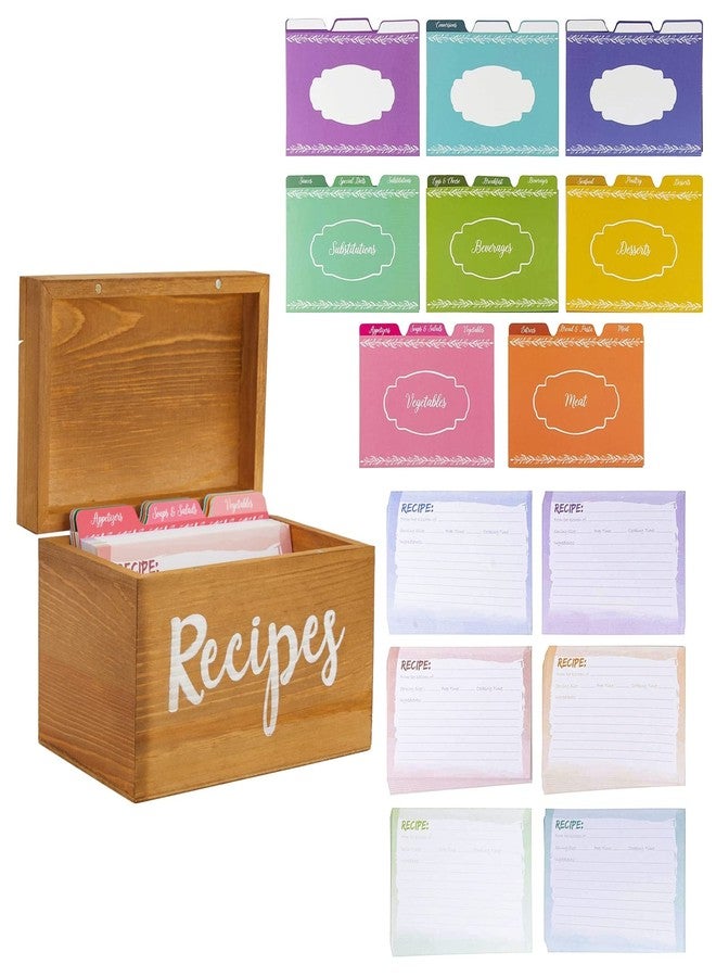 Juvale Wooden Recipe Box with Tabs & Dividers - 7 x 5 x 5 In, Brown Pinewood, Letter Print - Flip-Top Lid & Quick-Access Notch - 60-Card Set & 24 Dividers - Recipe Card Organizer Box - Image 1