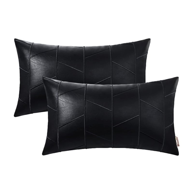BRAWARM Faux Leather Pillow Covers 12 X 20 Inches, Black Leather Lumbar Pillow Covers Pack of 2, Geometric Embroidery Leather Decorative Throw Pillows for Living Room Couch Bed Sofa Home - Image 1