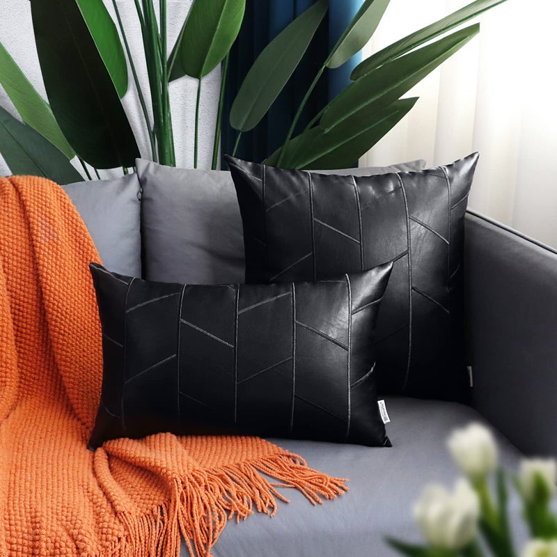 BRAWARM Faux Leather Pillow Covers 12 X 20 Inches, Black Leather Lumbar Pillow Covers Pack of 2, Geometric Embroidery Leather Decorative Throw Pillows for Living Room Couch Bed Sofa Home - Image 3