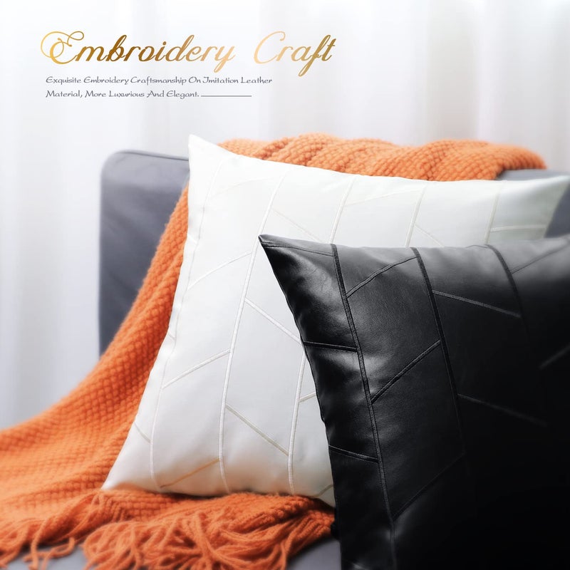 BRAWARM Faux Leather Pillow Covers 12 X 20 Inches, Black Leather Lumbar Pillow Covers Pack of 2, Geometric Embroidery Leather Decorative Throw Pillows for Living Room Couch Bed Sofa Home - Image 5