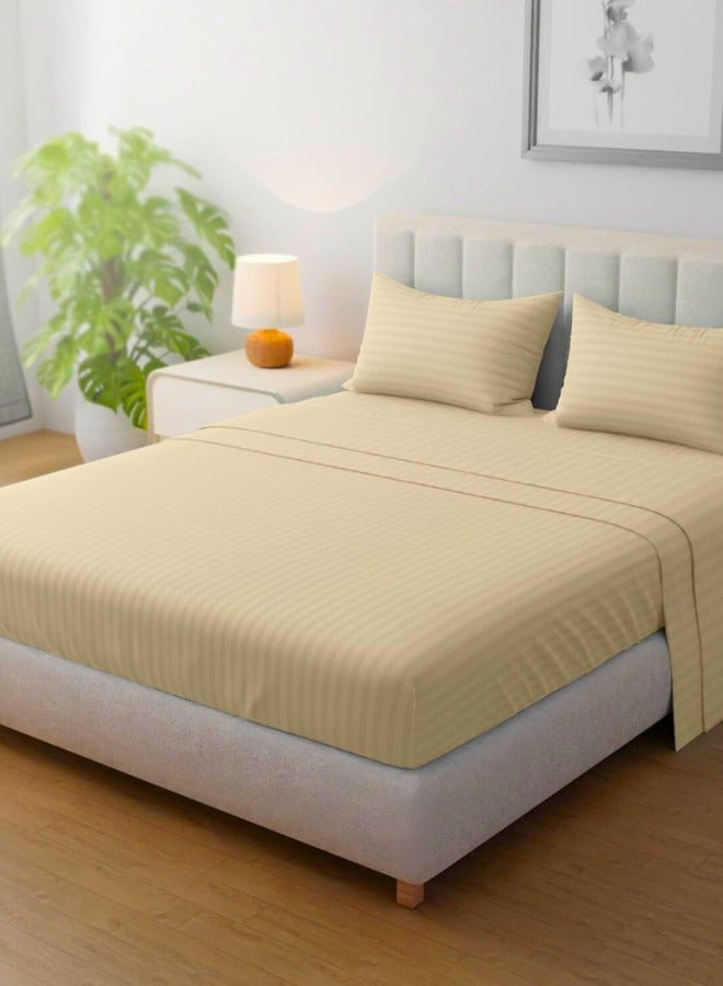 Chase Up Striped Microfiber Fitted Sheet Set - King (180 x 200 cm) + 2 Pillowcases (50 x 75 cm), Ultrasoft Plush Fabric, Premium, Durable Quality, and Deep Pocket for a Perfect Fit, Beige - Image 1