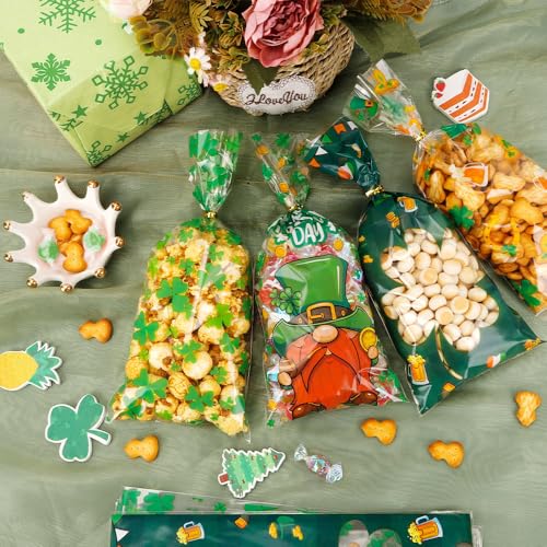 ChicQuench St. Patrick's Day Cellophane Treat Bags, 100PCS St. Patrick's Day Cellophane Bags, Green Lucky Shamrock Candy Bags Goodie Bags Gift Bags with 100PCS Twist Ties for St. Patrick Day Irish Party Supplies - Image 4