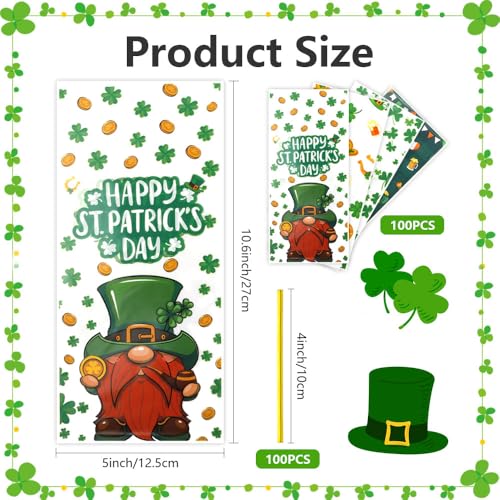 ChicQuench St. Patrick's Day Cellophane Treat Bags, 100PCS St. Patrick's Day Cellophane Bags, Green Lucky Shamrock Candy Bags Goodie Bags Gift Bags with 100PCS Twist Ties for St. Patrick Day Irish Party Supplies - Image 2