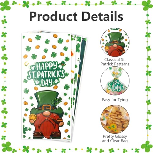 ChicQuench St. Patrick's Day Cellophane Treat Bags, 100PCS St. Patrick's Day Cellophane Bags, Green Lucky Shamrock Candy Bags Goodie Bags Gift Bags with 100PCS Twist Ties for St. Patrick Day Irish Party Supplies - Image 3