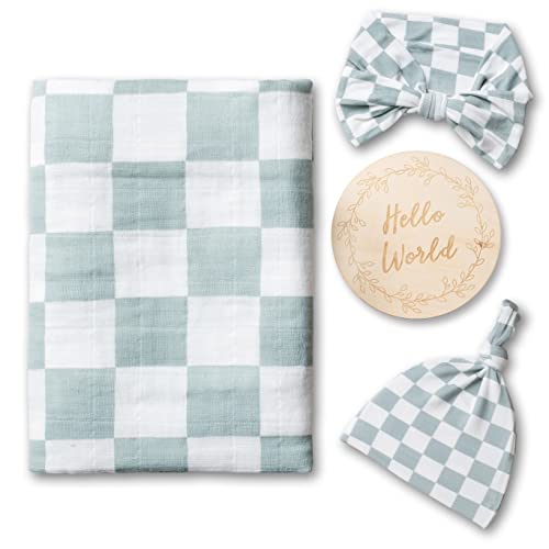 Miaoberry 100% Organic Muslin Swaddle Set| Sage Green Checkered - Image 1