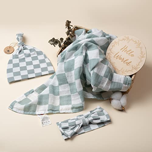 Miaoberry 100% Organic Muslin Swaddle Set| Sage Green Checkered - Image 3
