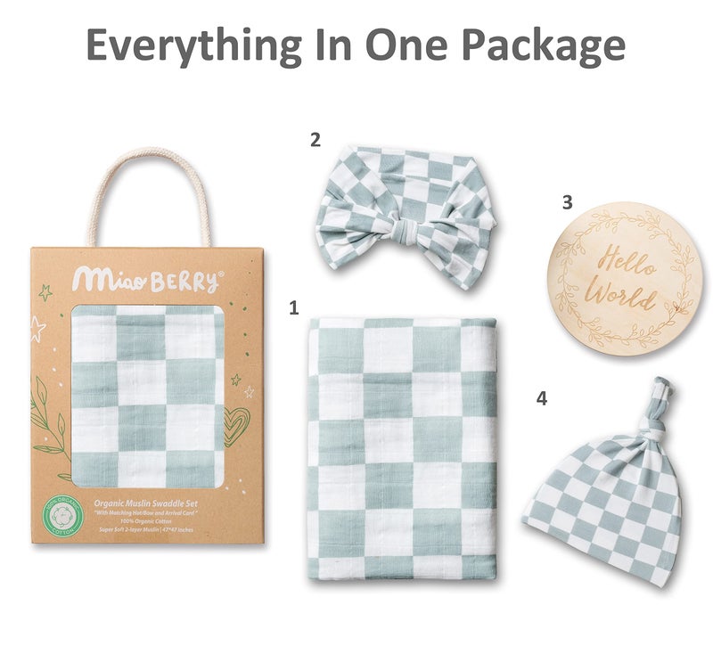 Miaoberry 100% Organic Muslin Swaddle Set| Sage Green Checkered - Image 4