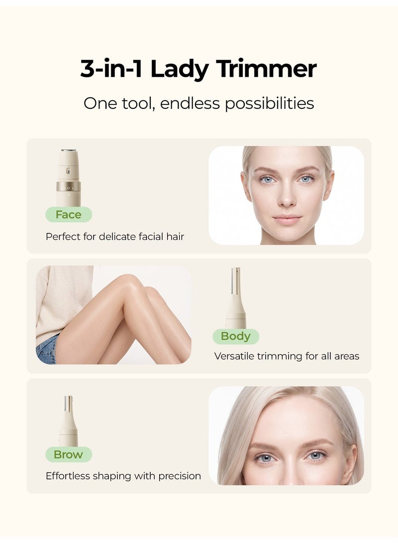 دوشر جهاز إزالة الشعر للنساء 3 في 1، سرعة 7000 دورة/دقيقة، شفرة سيراميك منخفضة الحساسية ودون ألم، مقاوم للماء IPX5، إضاءة LED، لتشذيب شعر الوجه والحواجب والجسم، تشغيل لأكثر من 100 دقيقة، شحن Type-C للعناية اليومية والسفر - Image 4