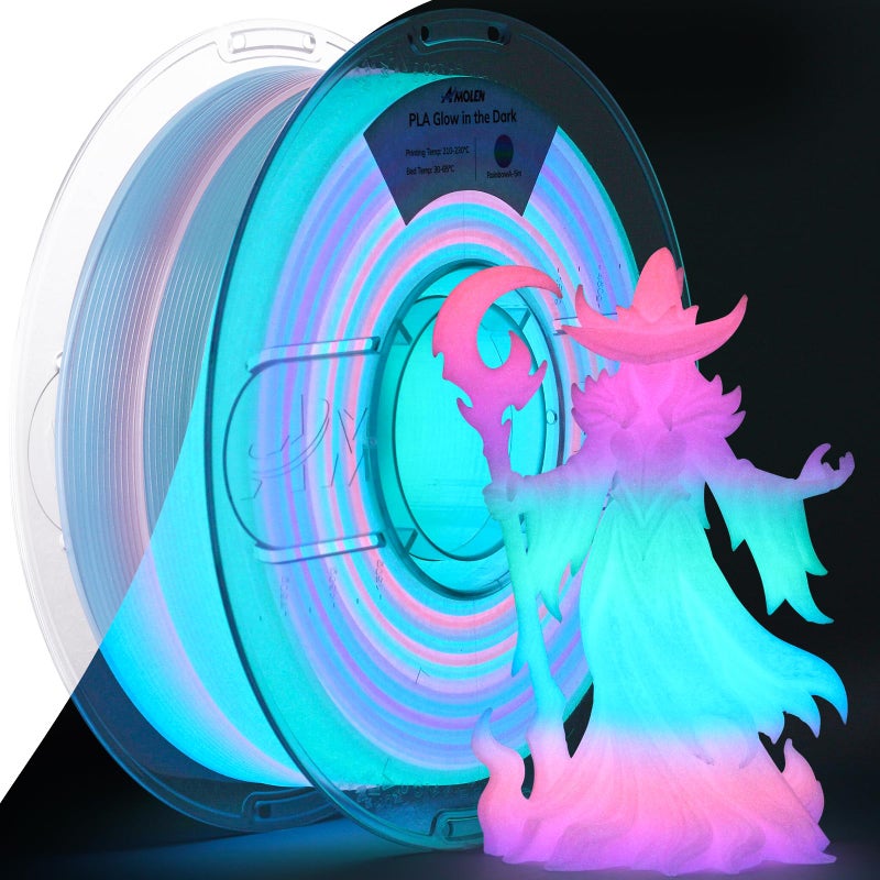 AMOLEN PLA Filament Glow in The Dark, Rainbow 5M Pink, Purple, Green, Blue, Multicolor Fast Change 3D Printer Filament 1.75mm, Best with UV Lamps, 1KG Spool (2.2lbs), Dimensional Accuracy +/- 0.02 mm - Image 1